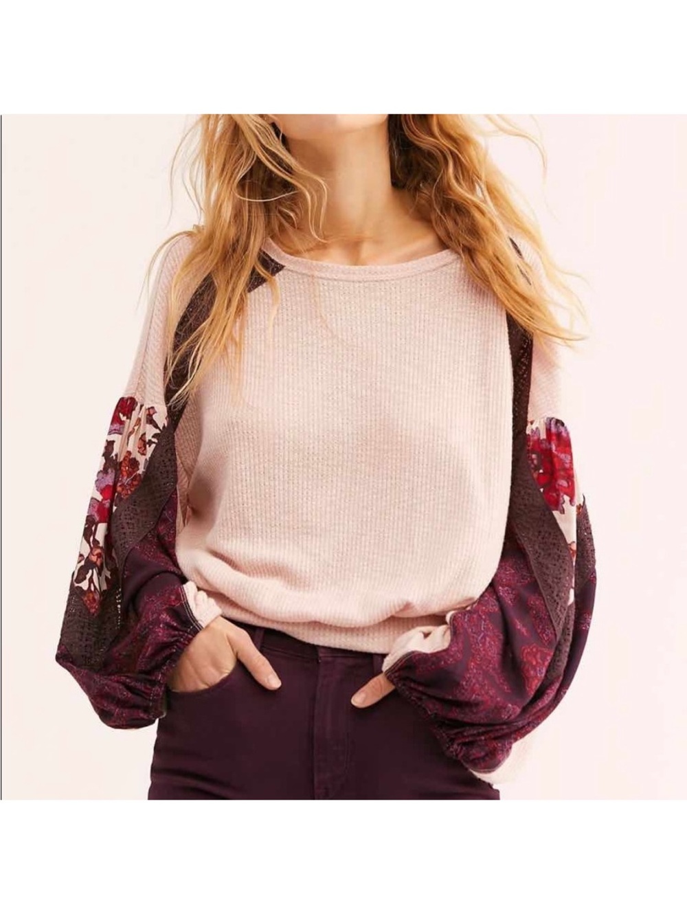 Free People Casual Clash Thermal Waffle Knit Top SMALL Oversized Pink NWOT